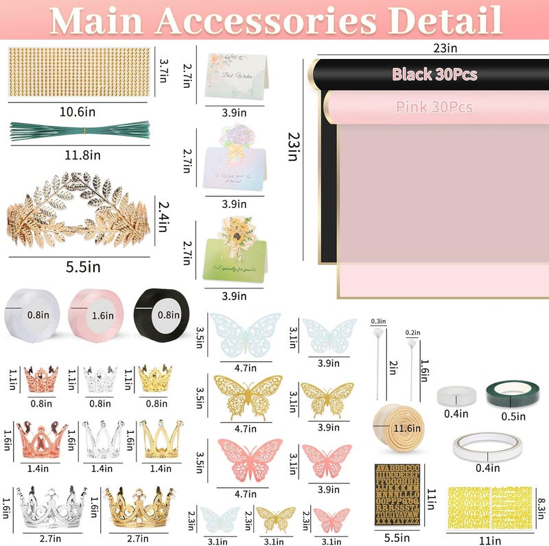 Besuper 260Pcs Flower Bouquet Wrapping Paper Kit, 60 Sheets Waterproof Paper, 36 Butterflies, 8 Crowns, 1 Headband, 4 Ribbons, 15 Cards, 100 Diamond Pins, 30 Floral Wire, 3 Stickers, 3 Tapes (Black & Pink) - Image 2